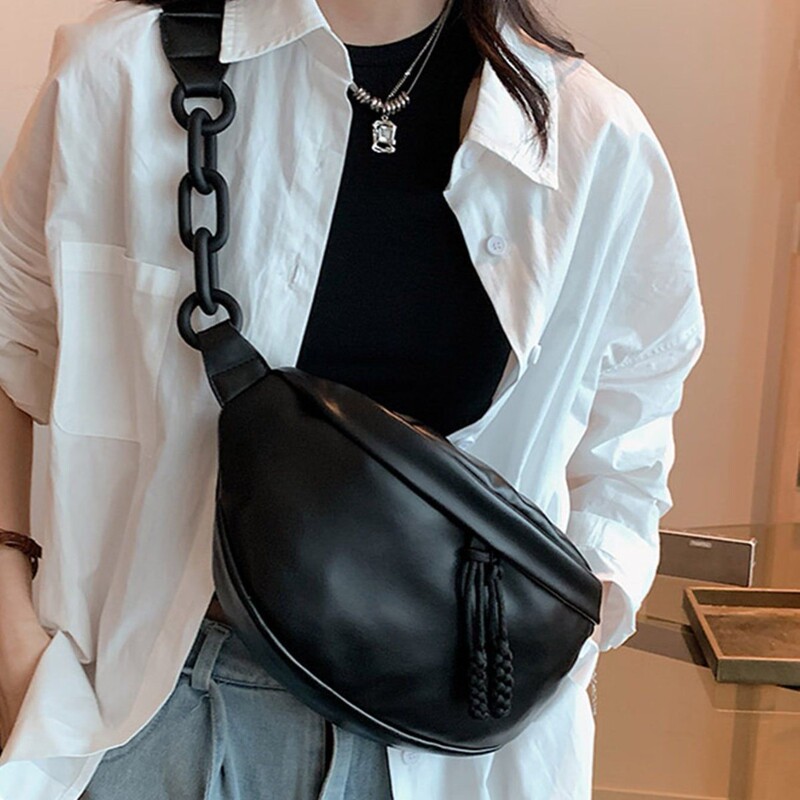 Popular Korean Style Large Capacity Chest Bag Waist Bag Women's Bag 2024 New Soft Leather PU Simple Thick Chain Crossbody Bag