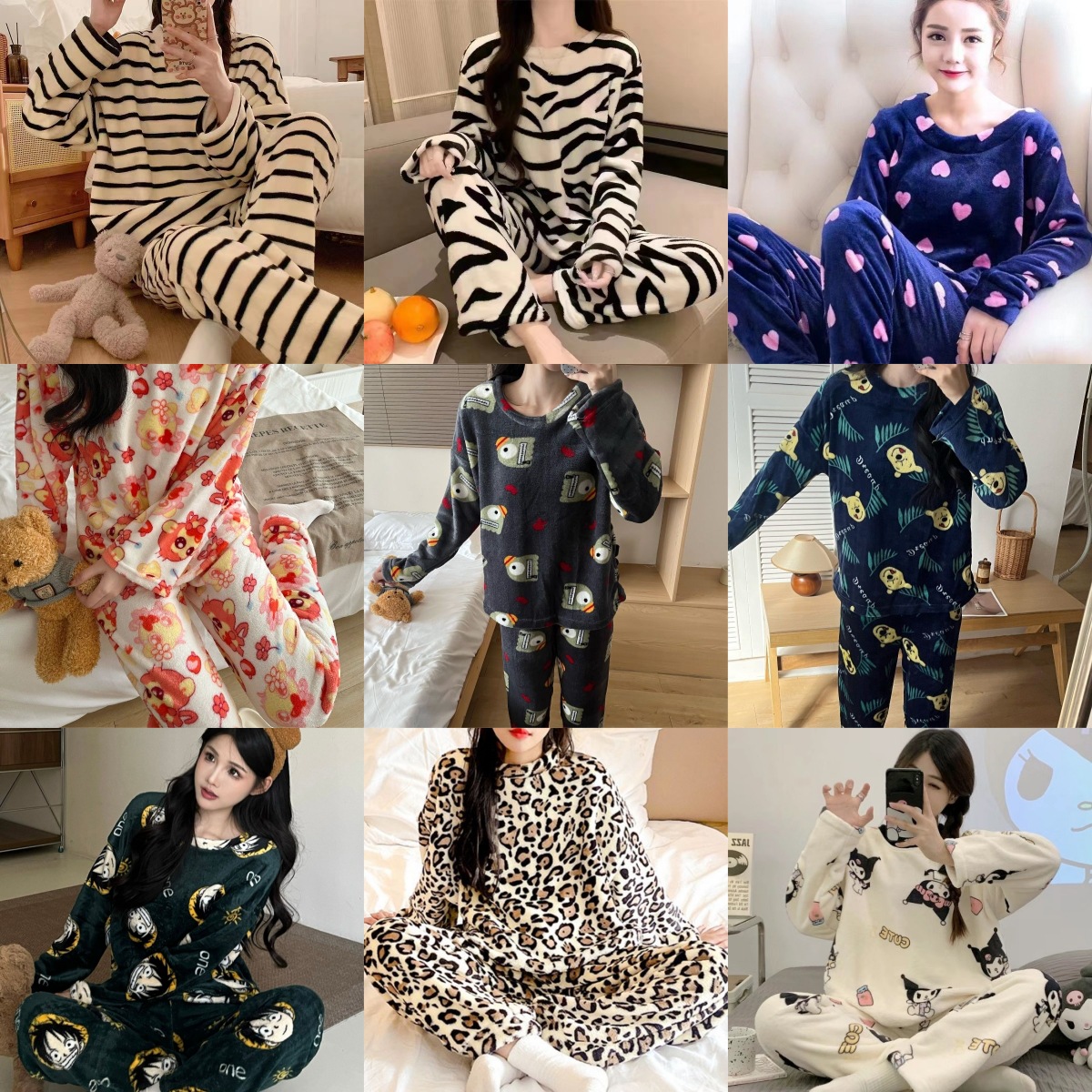 Otoño y invierno pijama de mujer punto pequeño conejo flanel engrosado dulce dibujos animados casuales manga larga cálida coral conjunto de terciopelo
