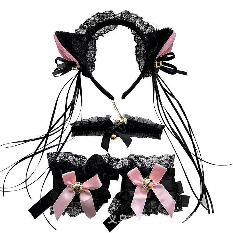 日系手作Lolita蕾丝毛绒猫耳朵铃铛头饰脖铃手环套装兽耳女仆发箍|undefined