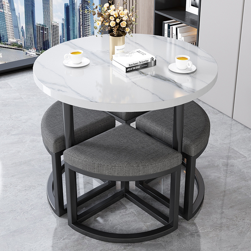 Taburete de tela gris oscuro + mesa de mármol