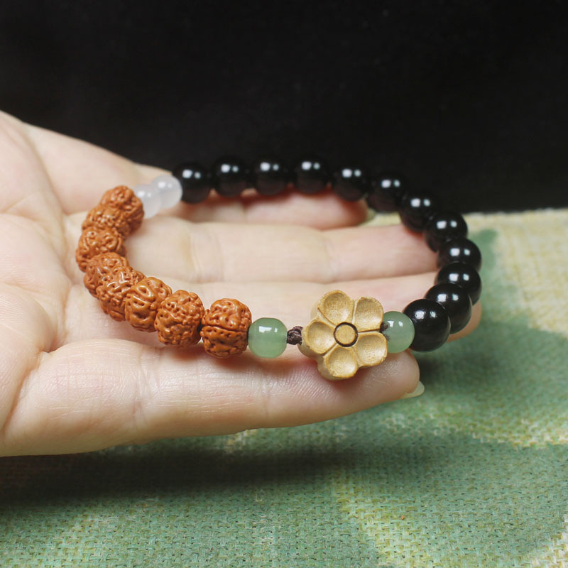 Ebony 8mm with Rudraksha Bracelet Wooden Flower Chinese Style Bracelet Men's and Women's Jewelry DIY Buddhist Beads Rosary