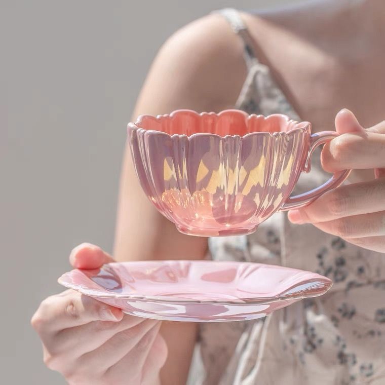 インスタイルファンタジーフラワーセラミックマグ高価値花びらコーヒーカップとソーサーセットオフィスカップルウォーターカップ|undefined