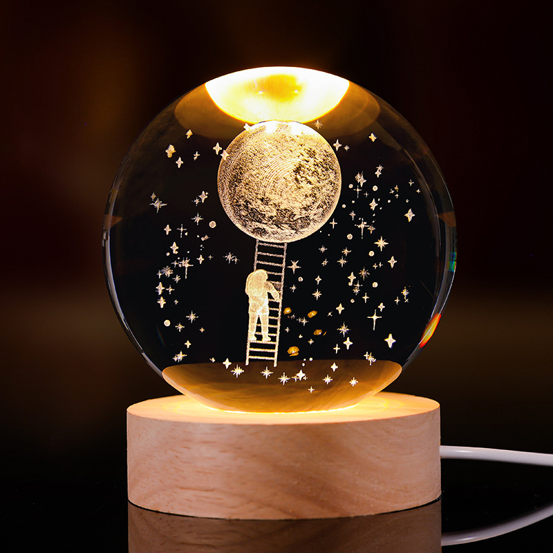 Bola de cristal luminosa lámpara de noche 3D esculpida estrella base de madera sólida regalo de cumpleaños decoración de escritorio creativa