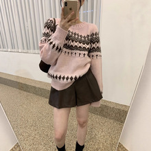 现货 韩国东大门代购 博主款 气质优雅复古提花圆领针织毛衣女装