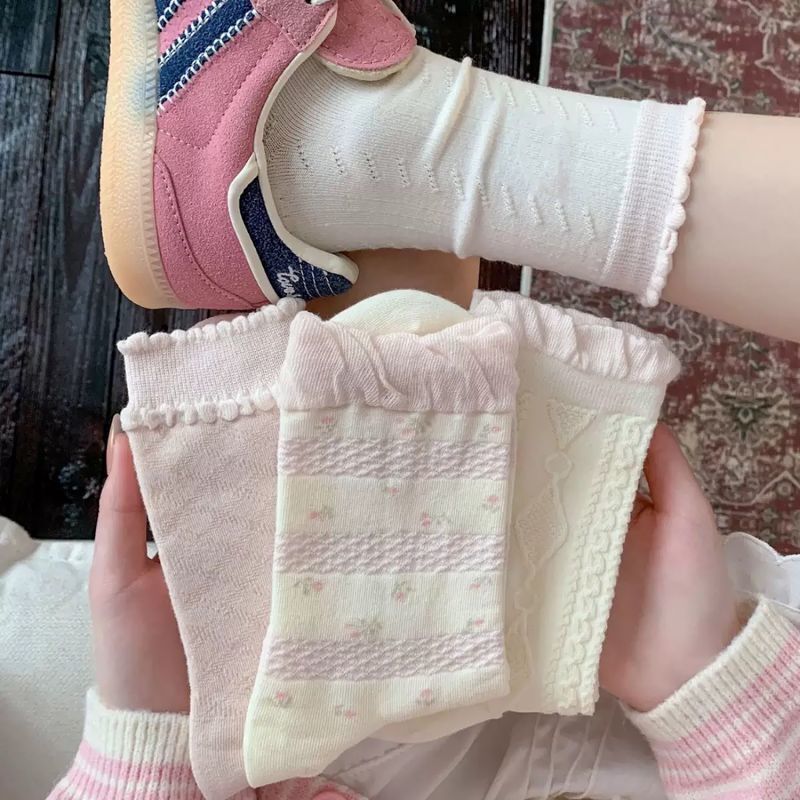 Women's Spring and Summer Thin Pink Lace Long Socks, Trendy and Simple, Versatile Student Mid-Calf Socks
