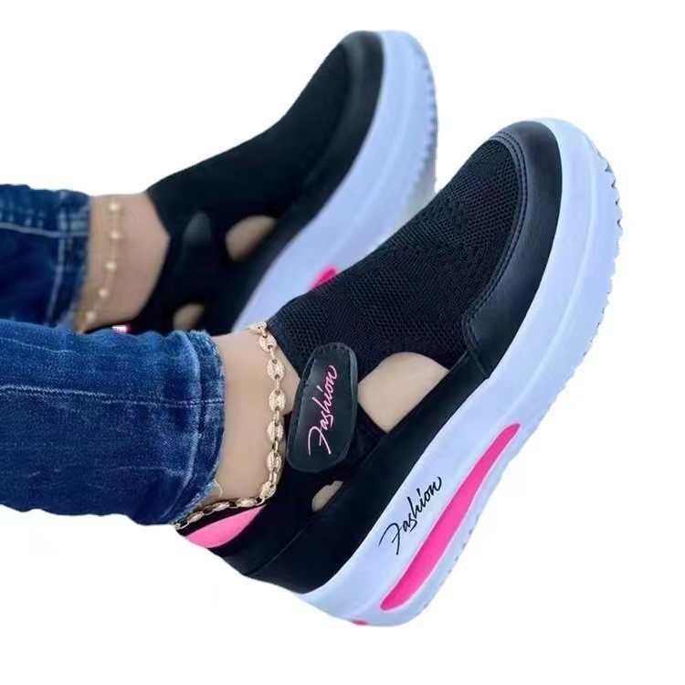 plus Size Women's round Toe Thick Heel Casual Shoes with Velcro Mesh Upper Spring New Style Sports Shoes_vogvips.com