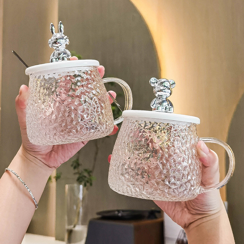 網紅電鍍小熊錘紋水杯女士咖啡杯高顏值馬克杯家用早餐禮品玻璃杯