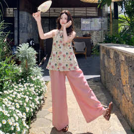 绝美田园风印花无袖连衣裙女2026年夏季新款拼接高级感长裤两件套