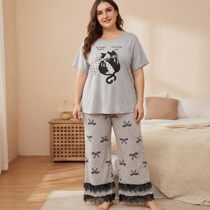 Temu Plus Size Cat Print Women's Pajama Set Short-Sleeved Lace Wide-Leg Sweet and Cute Home Two-Piece Set Temu Plus Size Cat Print Women's Pajama Set Short-Sleeved Lace Wide-Leg Sweet and Cute Home Two-Piece Set