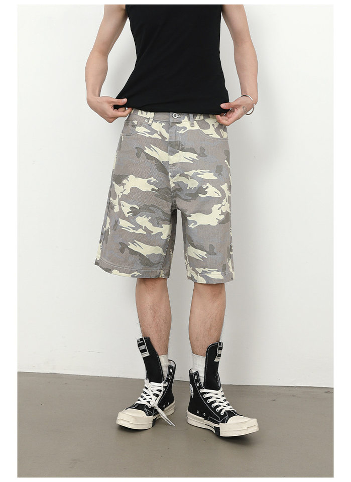 Quần short nam denim họa tiết rằn ri phong cách công sở đi biển — Màu trắng, Màu đen, Màu đất gỉ sét, Ngụy trang màu mơ chi tiết 17