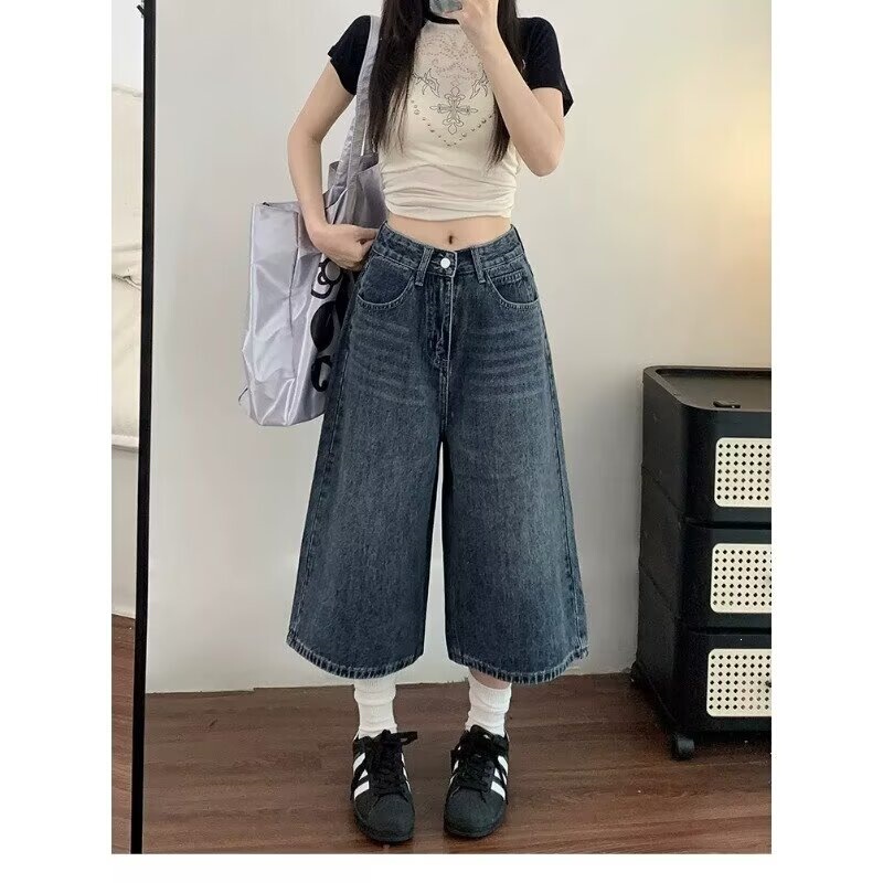 Vintage Wide-Leg Denim Cropped Pants for Women, New Summer Style, Suitable for Pear-Shaped Body, Plus-Size, Loose Fit, Slimming Straight-Leg Pants Vintage Wide-Leg Denim Cropped Pants for Women, New Summer Style, Suitable for Pear-Shaped Body, Plus-Size, Loose Fit, Slimming Straight-Leg Pants