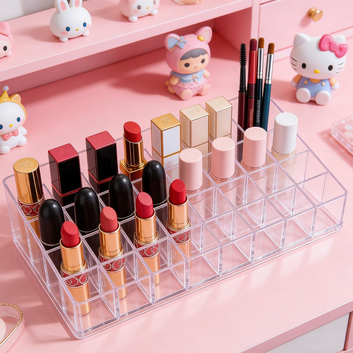 Transparent multi-compartment lipstick organizer, desktop storage for lip gloss, nail polish, makeup, and eyeliner, a storage rack for organizing cosmetics