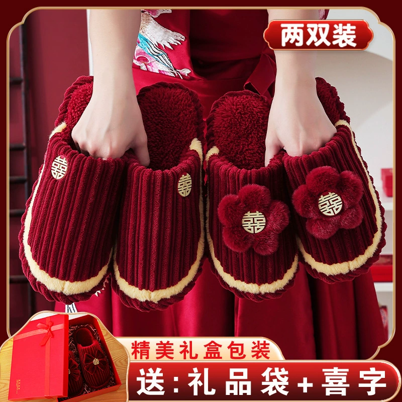 Свадебные тапочки, новинка 2024, праздничные красные парные меховые тапочки для новорожденных, легкие роскошные зимние тапочки на толстой подошве