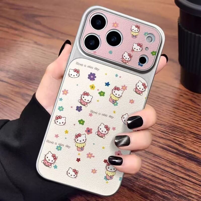Colorful Flower Hello Kitty Full-Cover Large Window iPhone 17 Pro Max Case 16 Silver Frame 15 Corning Case 11 for Women
