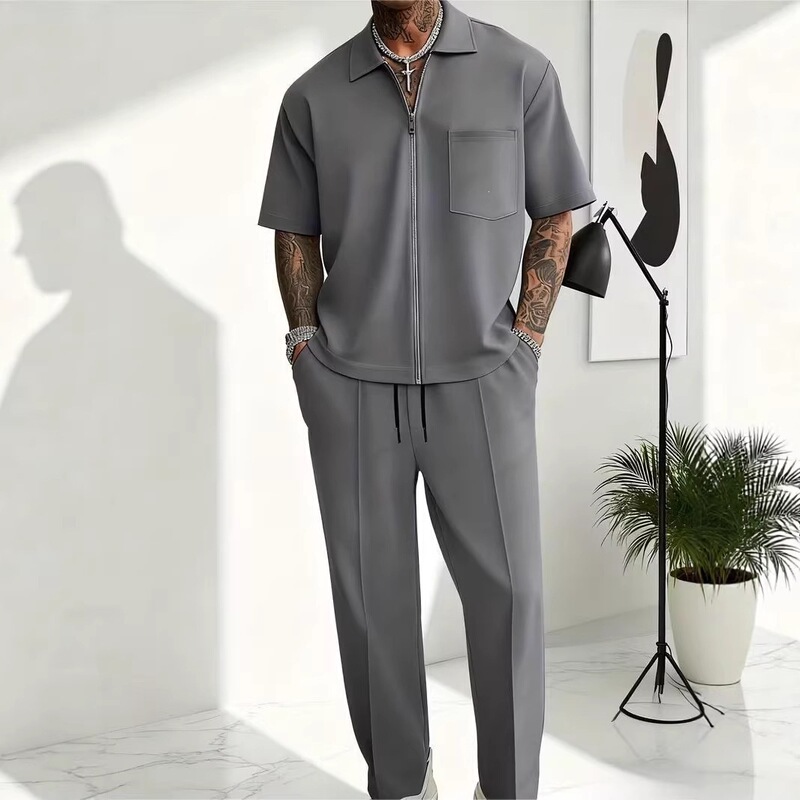 European and American cross-border Amazon independent site men's casual suit, zippered short-sleeve top with collar and long pants two-piece set for men