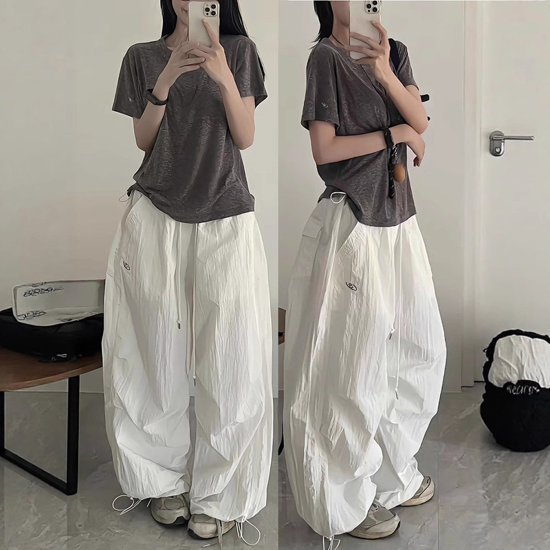 American High Street Parachute Cargo Pants Men's Drawstring Loose Pleated Wide-Leg Pants Casual Jazz Dance Sweatpants