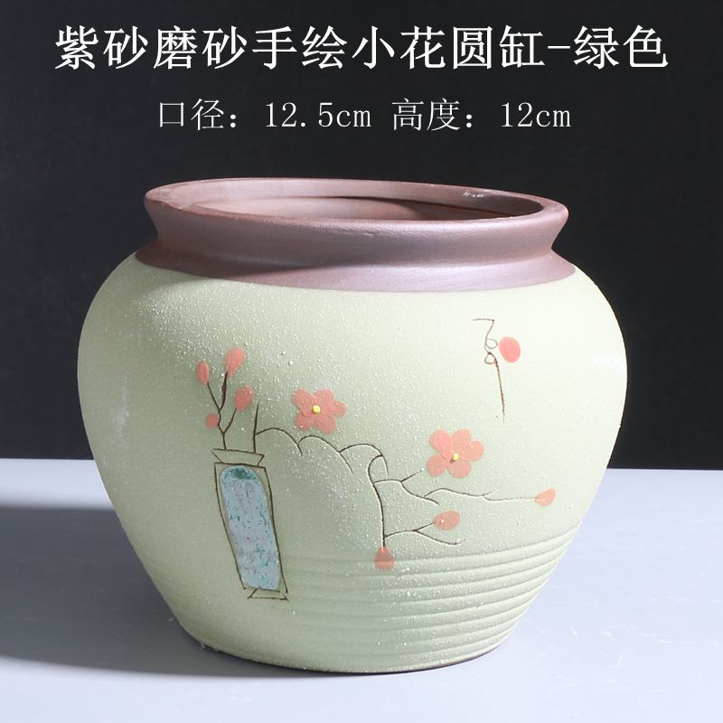 紫砂磨砂手绘小花圆缸-绿色