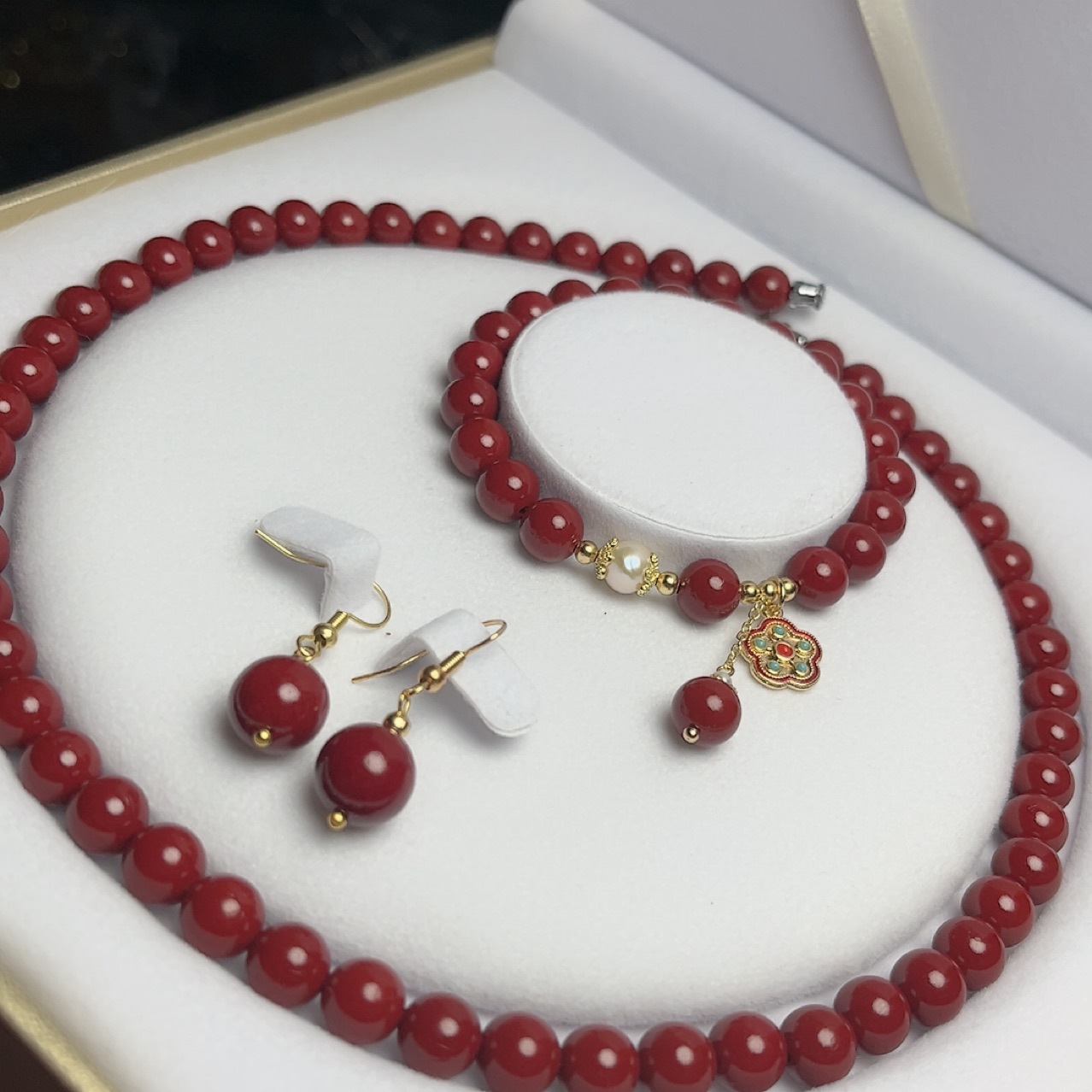 Cinabrio, arena de oro púrpura, joyería de tres piezas, cadena de torre de arena de oro púrpura, collar, pulsera, aretes, regalo para mamá