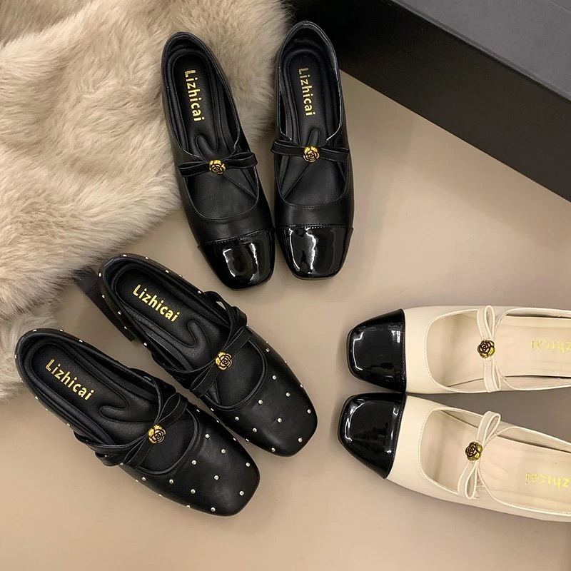 法式小香风单鞋女2026春季新款山茶花玛丽珍女鞋蝴蝶结晚晚小皮鞋