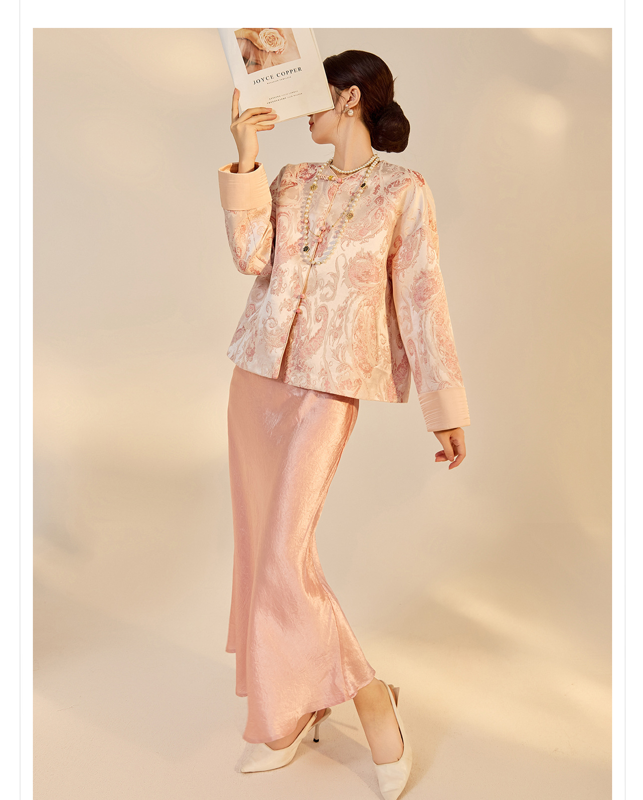Áo khoác nữ kiểu Trung Hoa mới, chất liệu jacquard họa tiết nổi, phối khuy cài, form suông thu đông N9025 — Miju [phiên bản cotton], Hồng nhạt [phiên bản cotton], hồng nhạt, cơm cam chi tiết 35