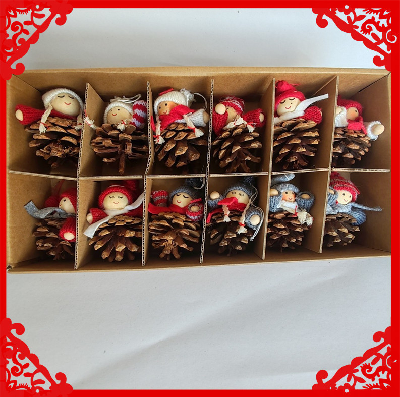 Christmas Straw Scarecrow Pendant Set Box Angel Pendant Pine Cone Little People Hanging Ornaments Mini Straw Kids