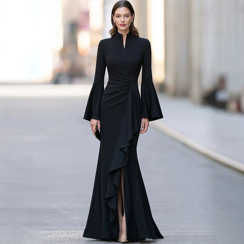 2026 cross-border European and American style fitted long dress with ruffles and a slit, slim-fit fishtail formal evening gown 2026 cross-border European and American style fitted long dress with ruffles and a slit, slim-fit fishtail formal evening gown