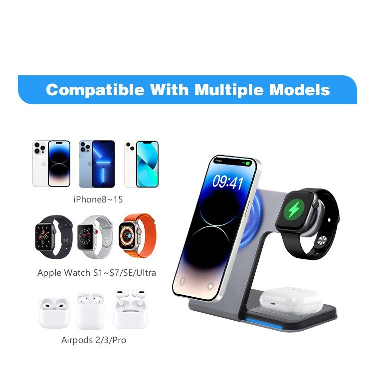 Cargador inalámbrico tres en uno magnético transfronterizo de 15W, soporte para teléfono móvil, aleación de aluminio, carga rápida conveniente, cargador inalámbrico
