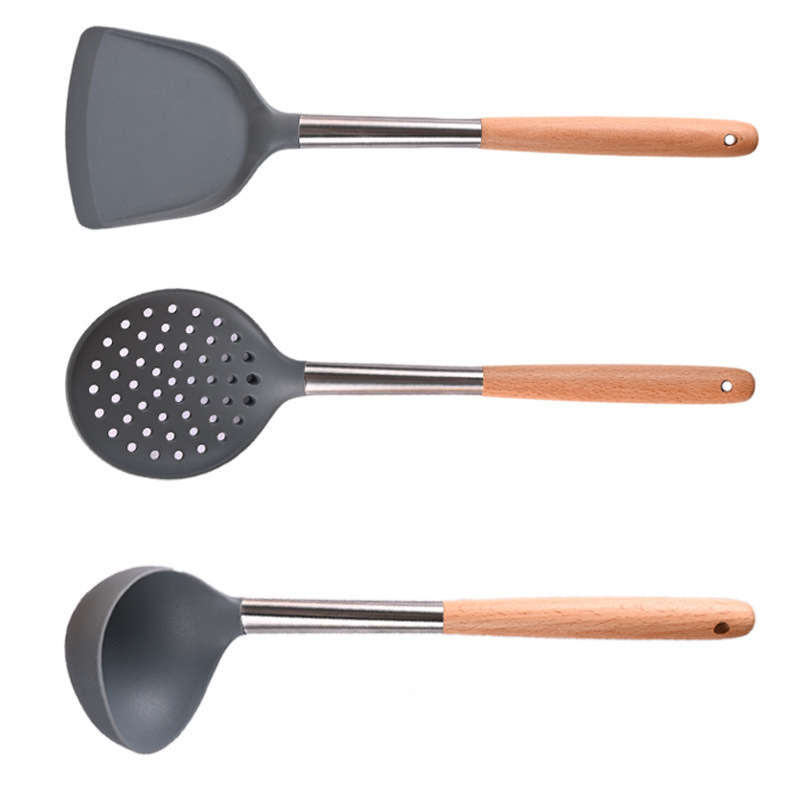 Spot mango de madera juego de utensilios de cocina de silicona olla antiadherente pala de silicona colador cuchara de sopa utensilios de cocina juego de utensilios de cocina de silicona de haya