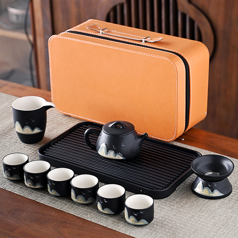 遠山日式功夫茶具套裝手繪功夫茶具石瓢壺蓋碗帶茶盤戶外旅行茶具