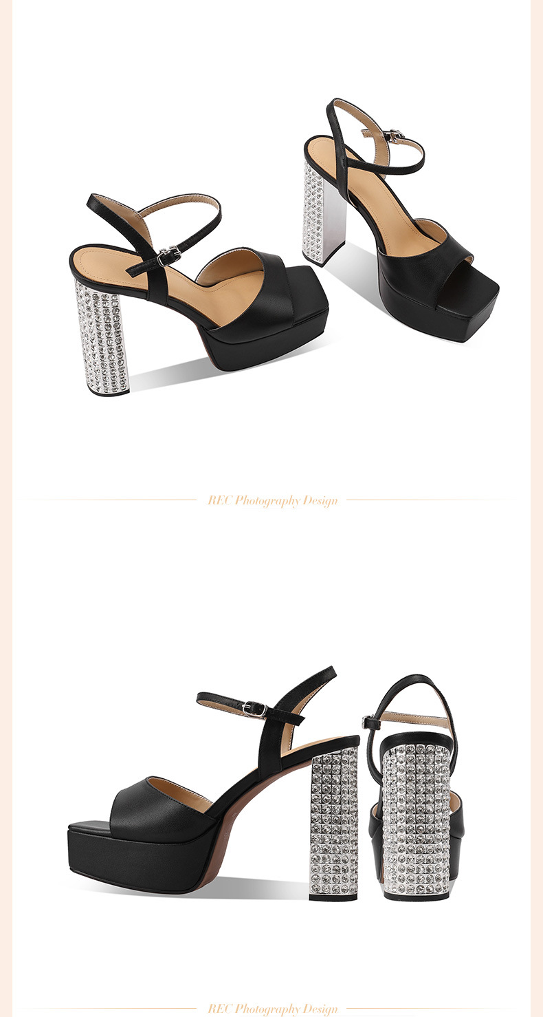 Sandal cao gót nữ đế platform da thật đính đá quai ngang khóa chữ T — đen chi tiết 3
