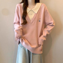 学院风polo领正肩粉色针织衫小熊毛衣女早秋季大码胖mm假两件上衣