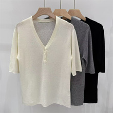 镇店系春夏新款18针80支100精纺羊绒V领百搭显瘦短袖针织衫女上衣