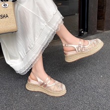 大量现货~新款坡跟包头凉鞋女圆头2025夏厚底穆勒拖森女草编女鞋