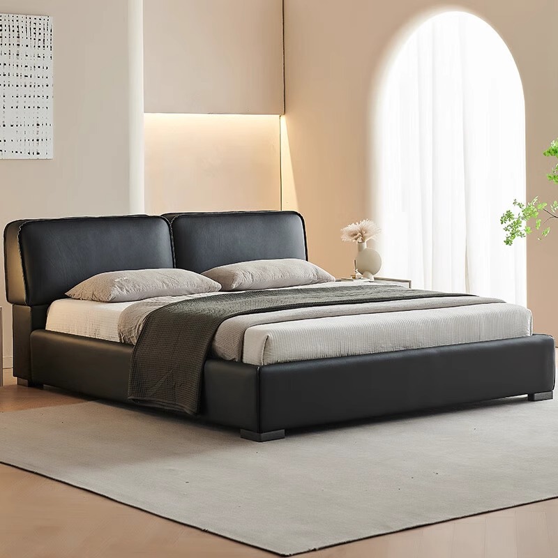Cama de vaca negra grande, primera capa de piel de vaca, dormitorio principal, atmósfera de alta gama, paquete suave, estilo italiano, cama de cuero de bloque de tofu doble simple moderna