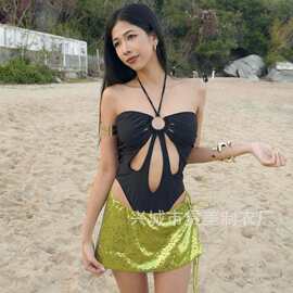 新款性感辣妹金属环扣镂空系带挂脖抹胸修身露背打底连体泳衣女