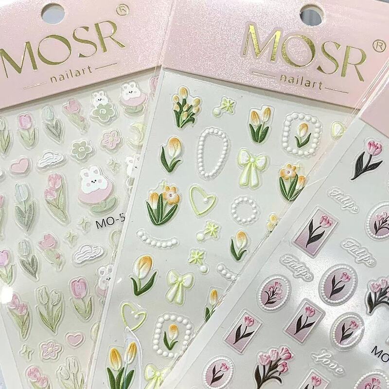 Little Red Book same style Tulip rabbit nail stickers embossed three-dimensional Pearl Flower bow nail decals