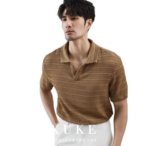 POLO Shirt V-Neck Short Sleeve Knit Shirt for Men with Herringbone Lacing, British Business Summer Ice Silk for Import and Export Cross-Border Wholesale