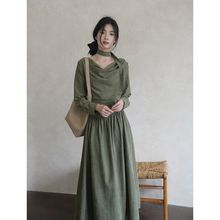 新中式长袖荡领连衣裙女春秋2026韩国ins新款气质收腰纯色a字长裙