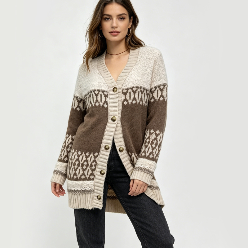 Foreign Trade Cross-Border European and American Plus-Size Women's Clothing, Nordic Niche Design, Diamond Pattern, Color-Blocking Jacquard V-Neck, Elegant Knitted Cardigan