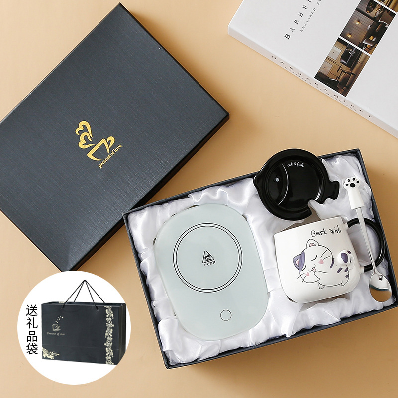 Taza de gato Mark con tapa Cuchara Taza de agua de cerámica Taza de pareja de dibujos animados de cerámica para hombres y mujeres Taza de desayuno de café de oficina