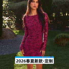 跨境女装定制-2026春夏新款半透印花连衣裙紧身包臀优雅外贸女装