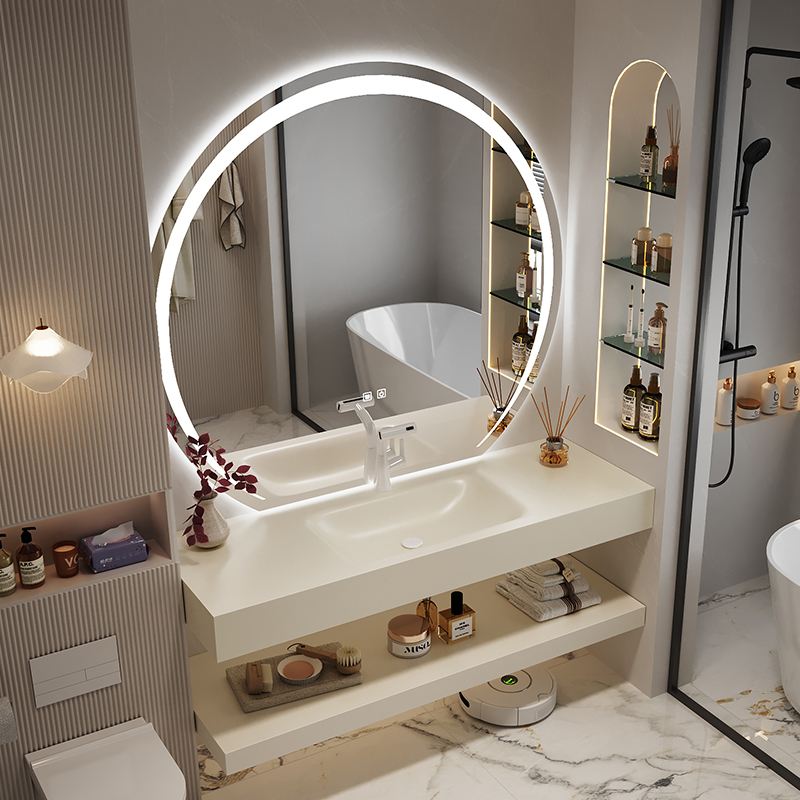 Light Luxury Cream Style Double-Layer Slate Hot-Bent Integrated Basin Bathroom Cabinet Combination Bathroom Washbasin Washbasin