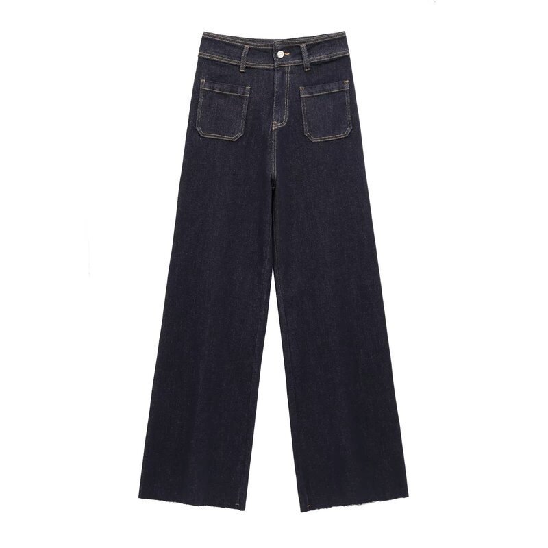 Jeans Women's Straight and Ankle Foreign Trade 2025 Spring New Women's Retro Large Pocket Color Contrast Mid-Waist Wide Leg Pants