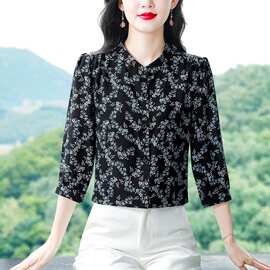 真丝衬衫女夏季装中老年妈妈减龄碎花衬衣气质宽松显瘦桑蚕丝上衣