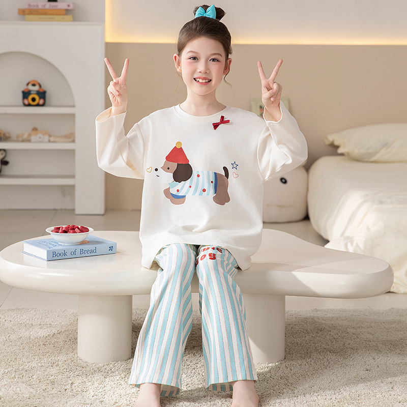 Girls Pajamas Spring and Autum 100% Cotton Long-Sleeved Cute Kidsren's Home Clothes for Middle-Aged and Older Girls and Teenagers Suits