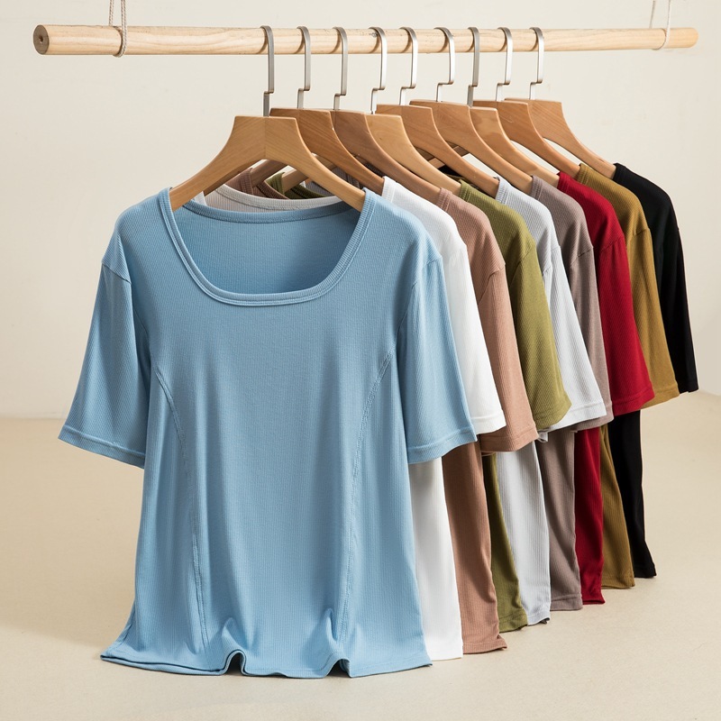 Summer New Women's Square-Neck Ribbed Slim-Fit Short-Sleeve Simple Versatile Solid Color Patchwork Commuter Fashion T-Shirt for Women Summer New Women's Square-Neck Ribbed Slim-Fit Short-Sleeve Simple Versatile Solid Color Patchwork Commuter Fashion T-Shirt for Women
