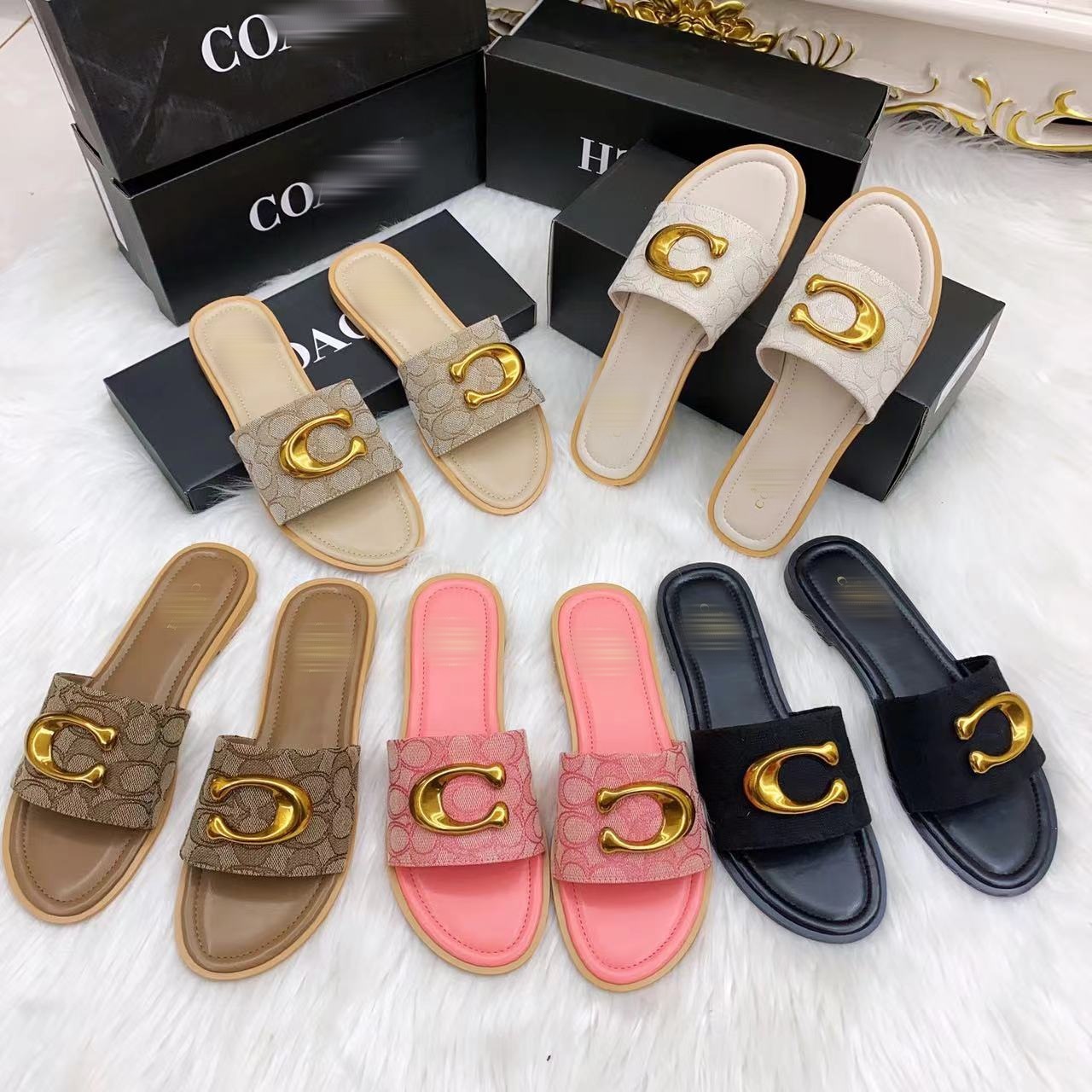 El nuevo anillo de metal de verano europeo y americano zapatos de mujer patrón de flores clásico universal zapatillas casuales