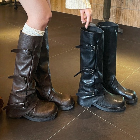 Genuine Leather ~ Inner Height-Increasing Black Mid-Calf Boots for Women, Autumn Thick-Soled Ruched Slouch Boots, Western Cowboy Riding Boots