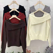 气质简约一字肩大翻领韩版针织衫女装宽松显瘦洋气别致温柔风毛衣