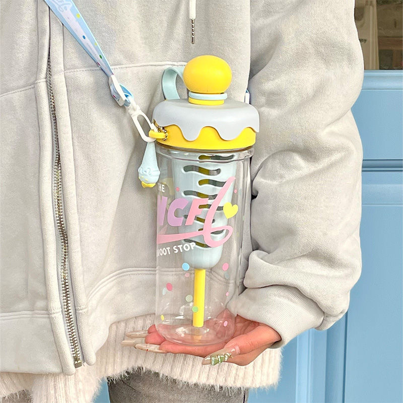 高颜値甜筒水杯女子学生ストラップ茶水分離泡茶カップ大容量ストロー運動プラスチック水カップ|undefined